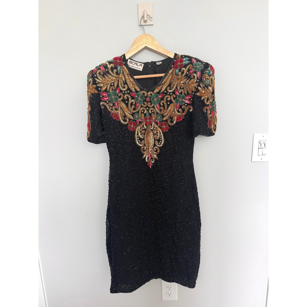 SCALA | Beaded Silk Dress Womens Medium Black Gold Sequin Vintage Cocktail Party